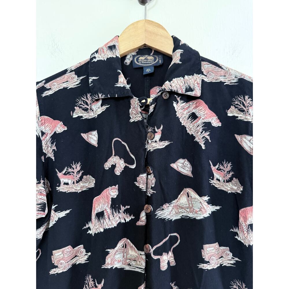 BRITISH KHAKI vintage black 100% rayon safari print short sleeve top shirt - Picture 6 of 6